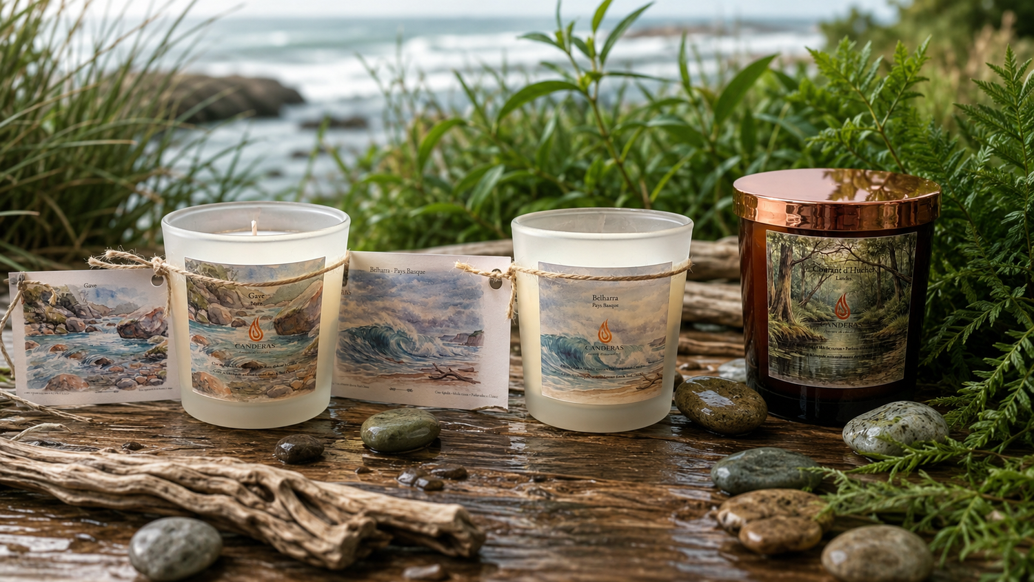 Bougies fraîches et aquatiques Candèras inspirées de l’eau vive, des embruns atlantiques et du Courant d’Huchet