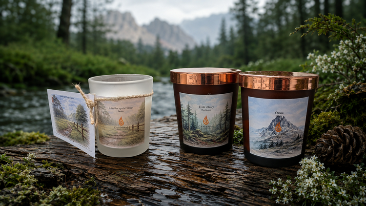 Bougies nature et caractère Candèras inspirées de la clairière après l’orage, de la Forêt d’Iraty et de l’Ossau
