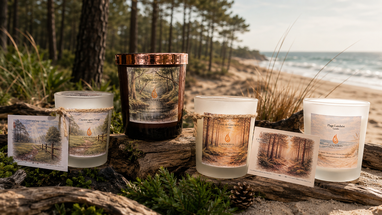 Découvrir les bougies Candèras inspirées des Landes : pins, résine, sable chaud et air marin. Une ambiance nette, une carte postale à allumer.