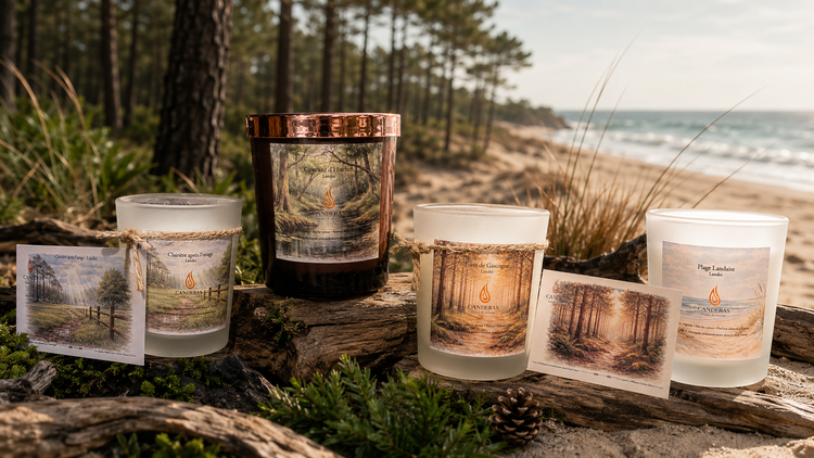 Découvrir les bougies Candèras inspirées des Landes : pins, résine, sable chaud et air marin. Une ambiance nette, une carte postale à allumer.