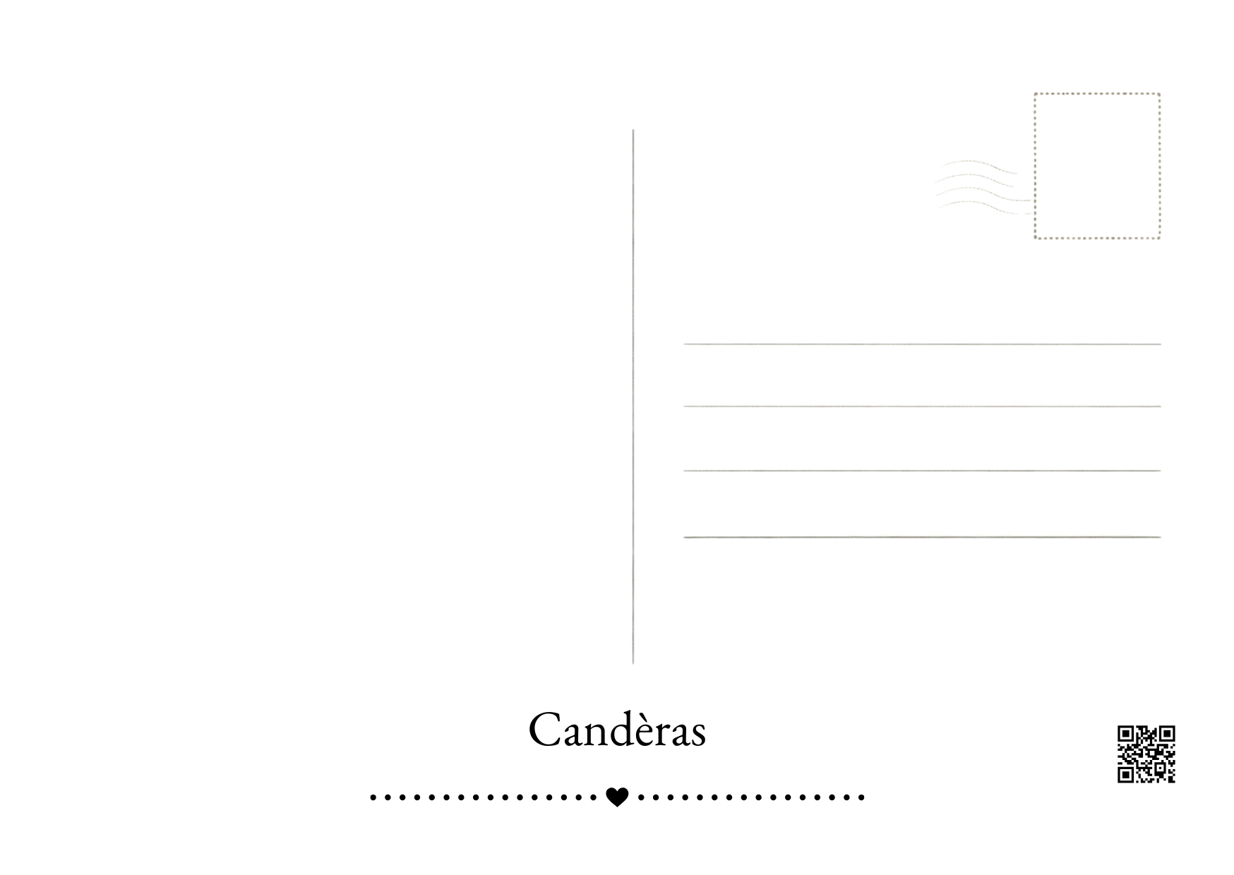 Verso de la carte postale Candèras avec espace d’écriture, emplacement timbre et QR code