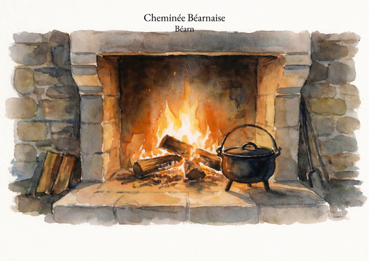 Carte postale Cheminée Béarnaise Candèras, illustration aquarelle d’une cheminée en pierre avec feu de bois dans une maison du Béarn