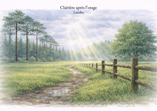 Carte postale Candèras Clairière après l’orage illustrant un chemin humide dans une clairière des Landes, avec herbes fraîches, lumière revenue et ambiance apaisée après la pluie