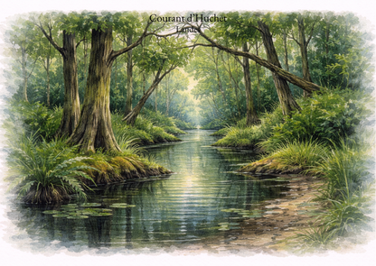 Carte postale Candèras Courant d’Huchet illustrant un cours d’eau bordé d’une végétation dense dans les Landes, avec reflets sombres, lumière filtrée et ambiance naturelle préservée