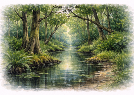 Carte postale Candèras Courant d’Huchet illustrant un cours d’eau bordé d’une végétation dense dans les Landes, avec reflets sombres, lumière filtrée et ambiance naturelle préservée