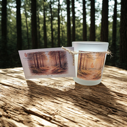 Bougie artisanale du Sud-Ouest Candèras Forêt de Gascogne avec carte postale assortie sur fond bois clair et mur texturé.