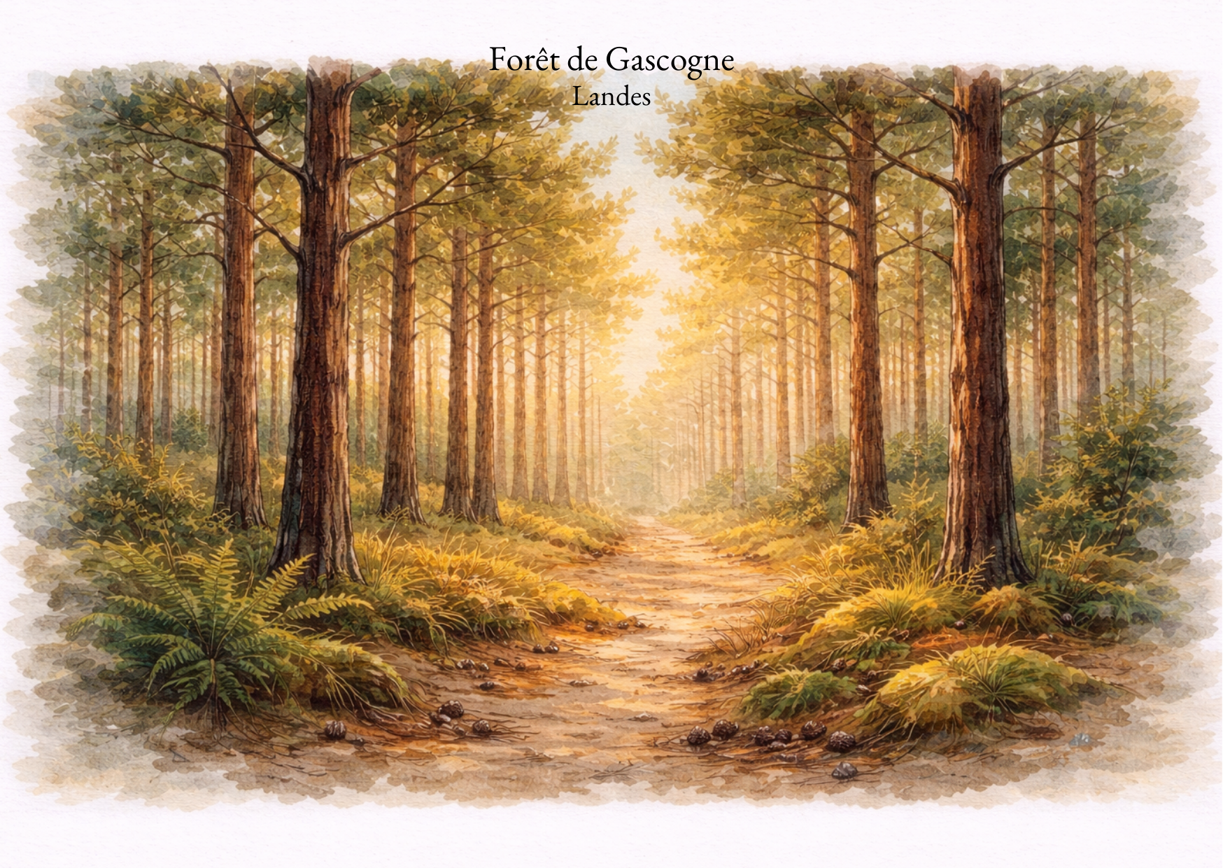 Carte postale Candèras Forêt de Gascogne illustrant une forêt landaise avec pins, clairière et ambiance naturelle apaisante