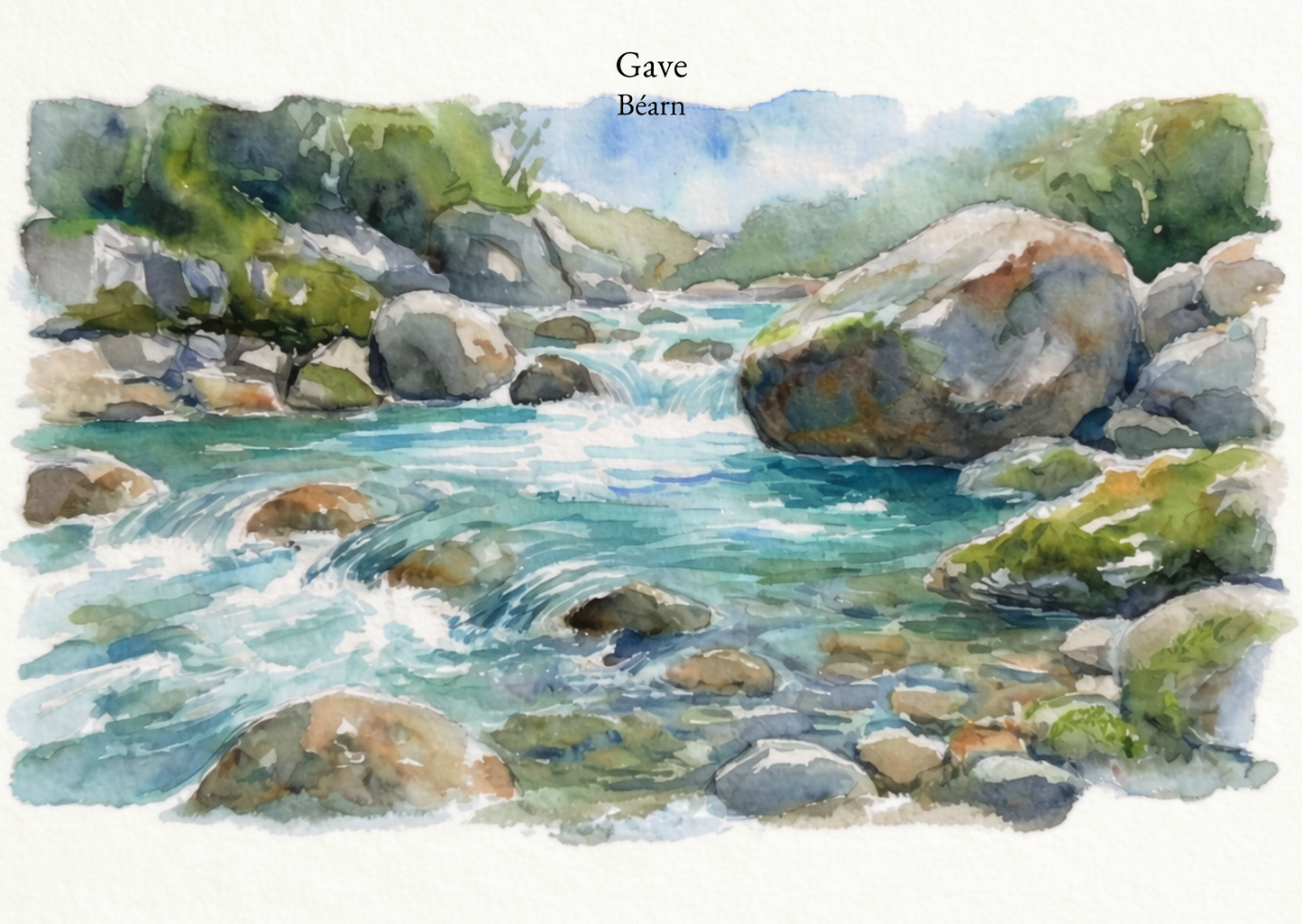 Carte postale Gave Candèras, rivière du Béarn illustrée à l’aquarelle avec galets et eau vive