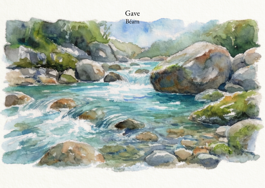 Carte postale Gave Candèras, rivière du Béarn illustrée à l’aquarelle avec galets et eau vive