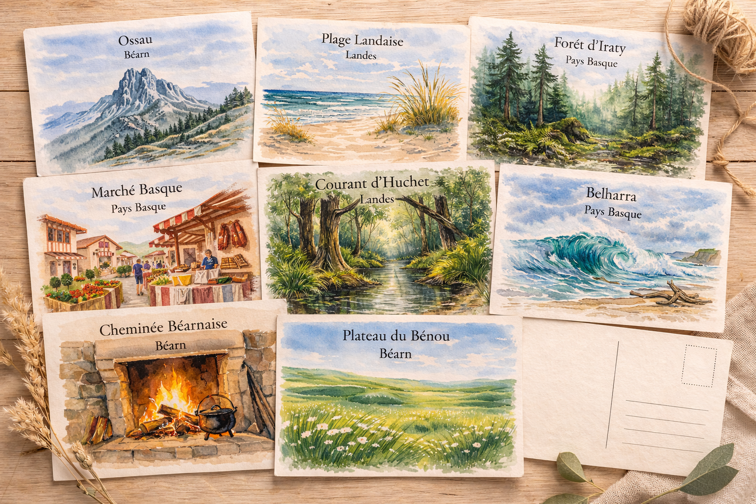 Collection de cartes postales Candèras disposées sur une table en bois clair, avec illustrations inspirées du Béarn, du Pays basque et des Landes