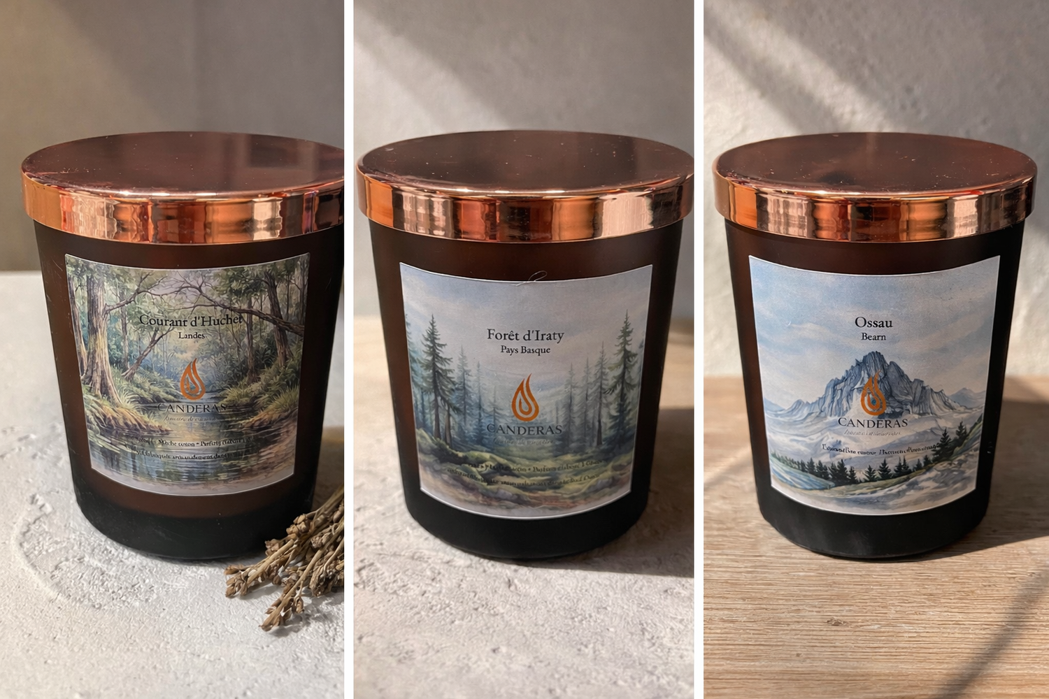 Bougies Candèras allumées en verre ambré Premium 300 ml, mises en scène chaleureuses en intérieur