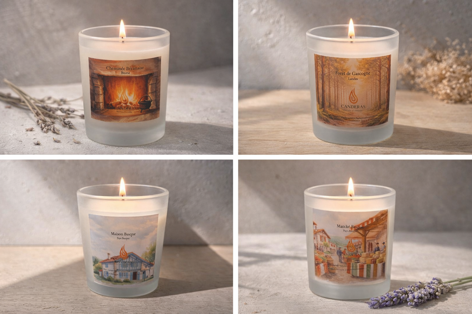 Bougie parfumée Candèras 200 ml en verre givré, allumée — quatre scènes d’ambiance