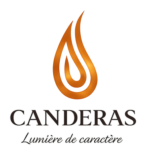Logo Candèras avec flamme cuivrée et signature “Lumière de caractère”
