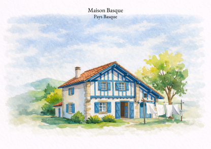 Carte postale Candèras Maison Basque, illustration aquarelle d’une maison traditionnelle du Pays basque aux volets bleus