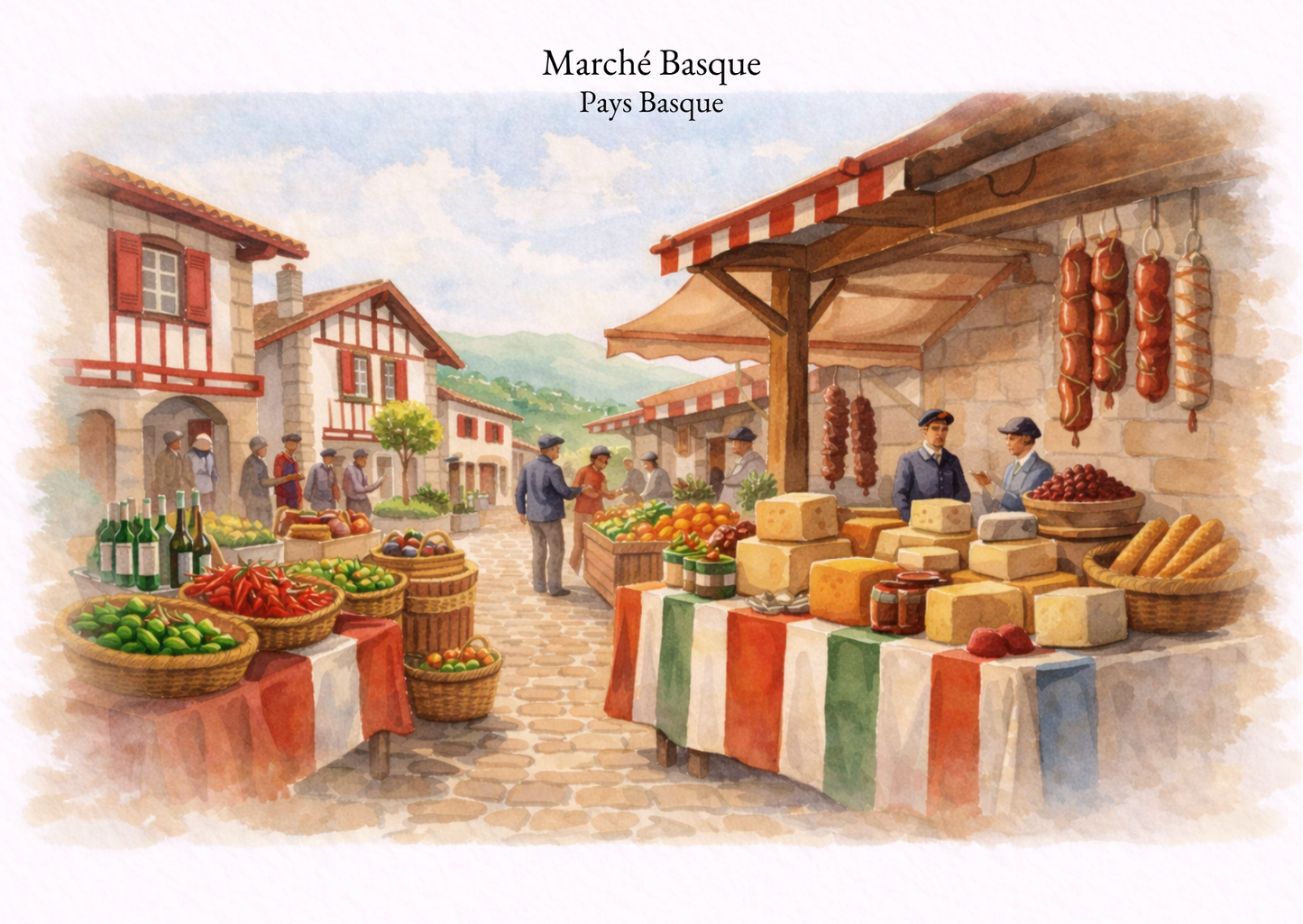 Carte postale Candèras Marché basque avec illustration d’un marché basque animé, façades traditionnelles et étals colorés