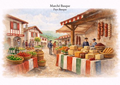 Carte postale Candèras Marché basque avec illustration d’un marché basque animé, façades traditionnelles et étals colorés