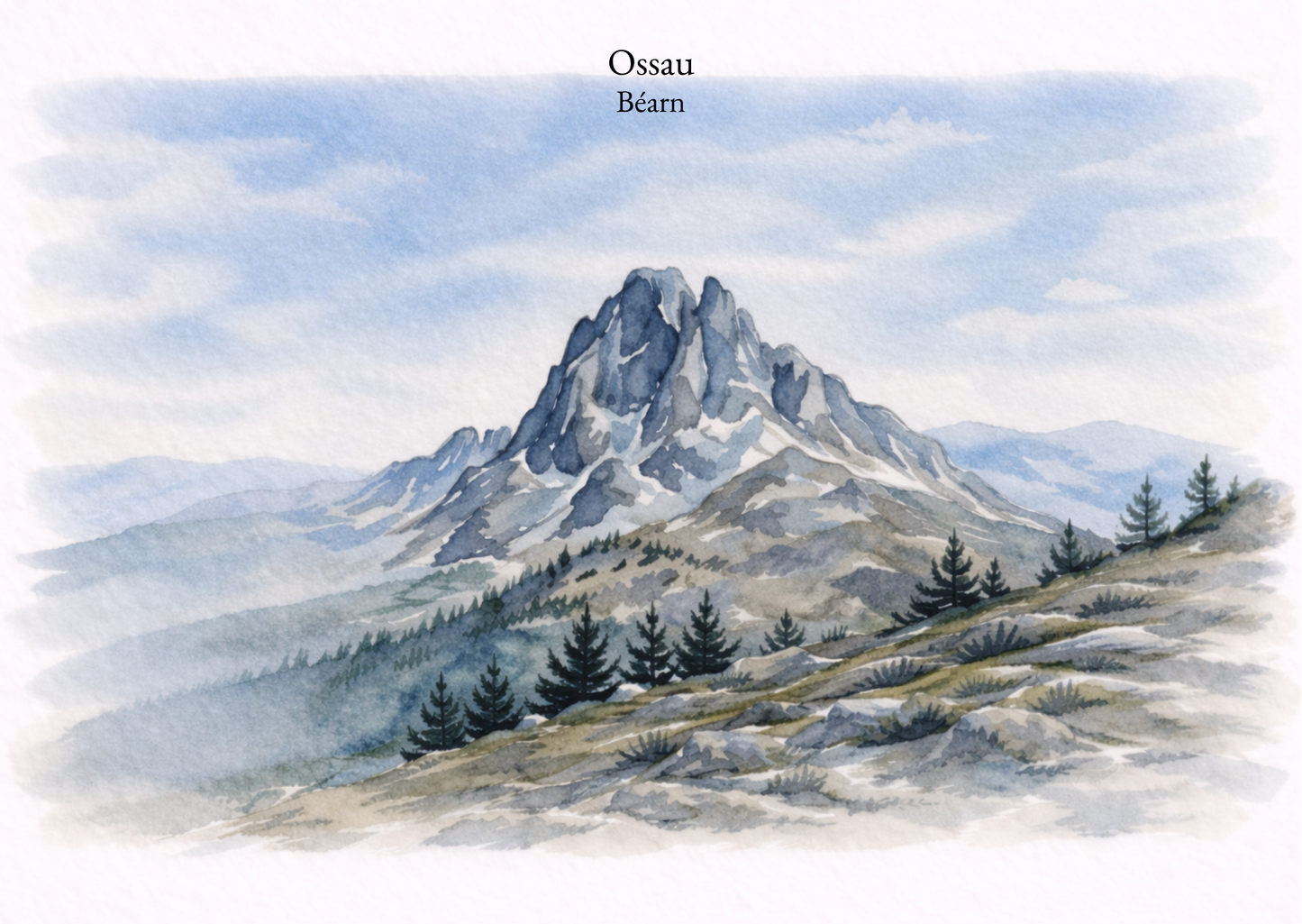 Carte postale Candèras Ossau, illustration aquarelle du Pic du Midi d’Ossau dans les Pyrénées béarnaises
