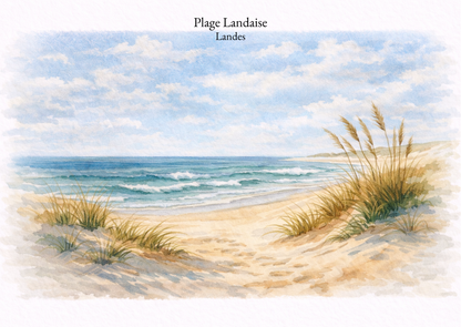 Carte postale Candèras Plage landaise illustrant une plage des Landes avec dunes, oyats, sable clair, horizon marin et ambiance douce du Sud-Ouest