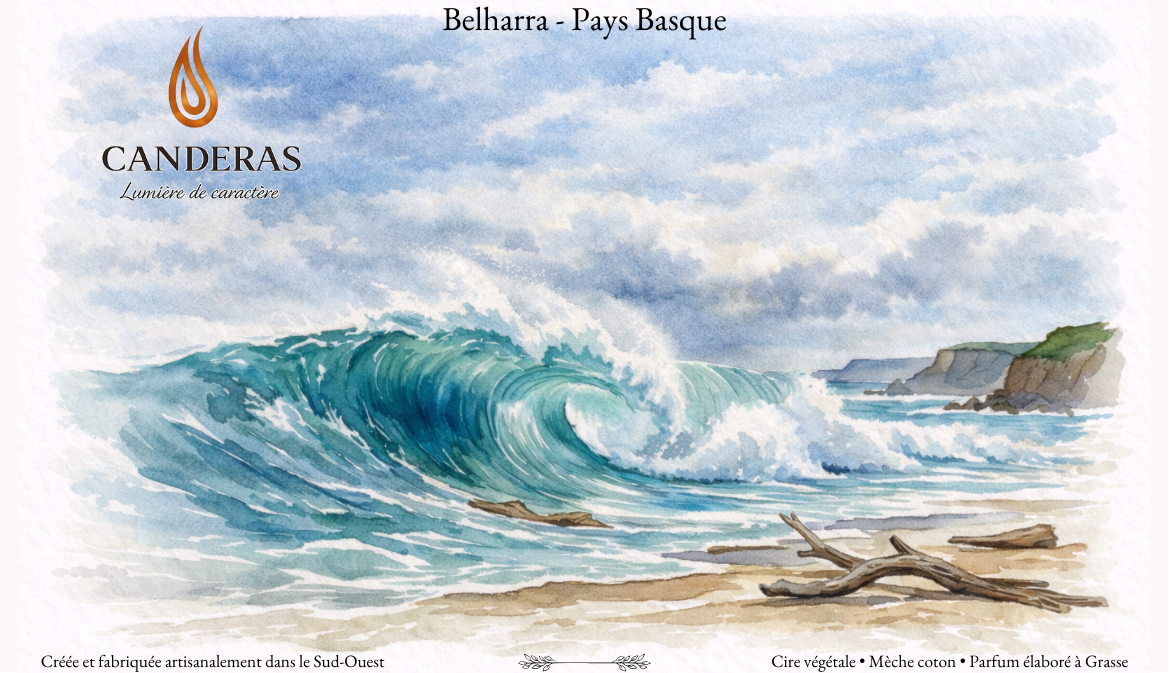 Carte postale aquarelle “Belharra – Pays Basque” avec une grande vague turquoise, plage et falaises au loin, logo Candèras en haut à gauche.