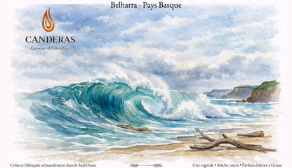 Carte postale aquarelle “Belharra – Pays Basque” avec une grande vague turquoise, plage et falaises au loin, logo Candèras en haut à gauche.