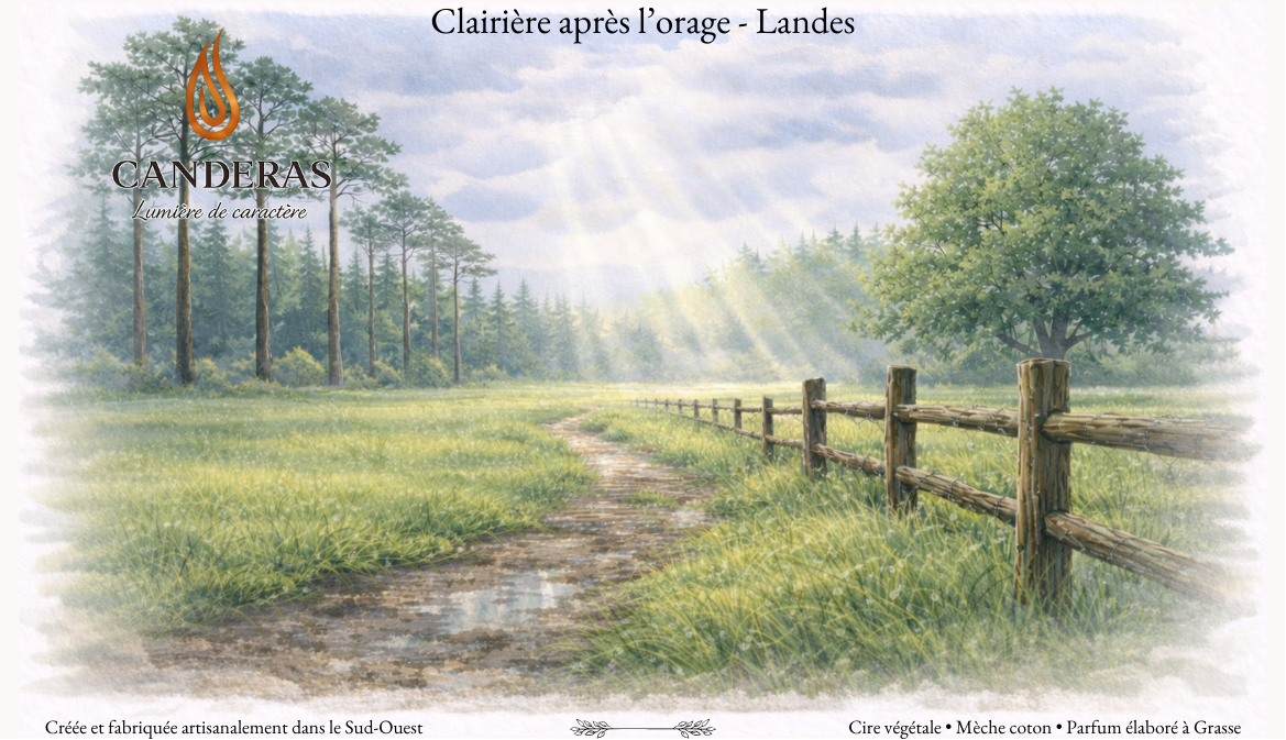 Illustration aquarelle “Clairière après l’orage – Landes” : prairie humide avec chemin et flaque, rayons de soleil après la pluie, lisière de pins et clôture en bois, logo Candèras.
