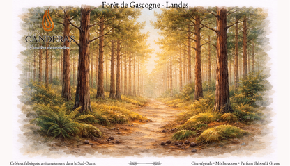 Carte postale aquarelle “Forêt de Gascogne – Landes” illustrant une allée de pins avec lumière dorée au fond, logo Candèras en haut à gauche.
