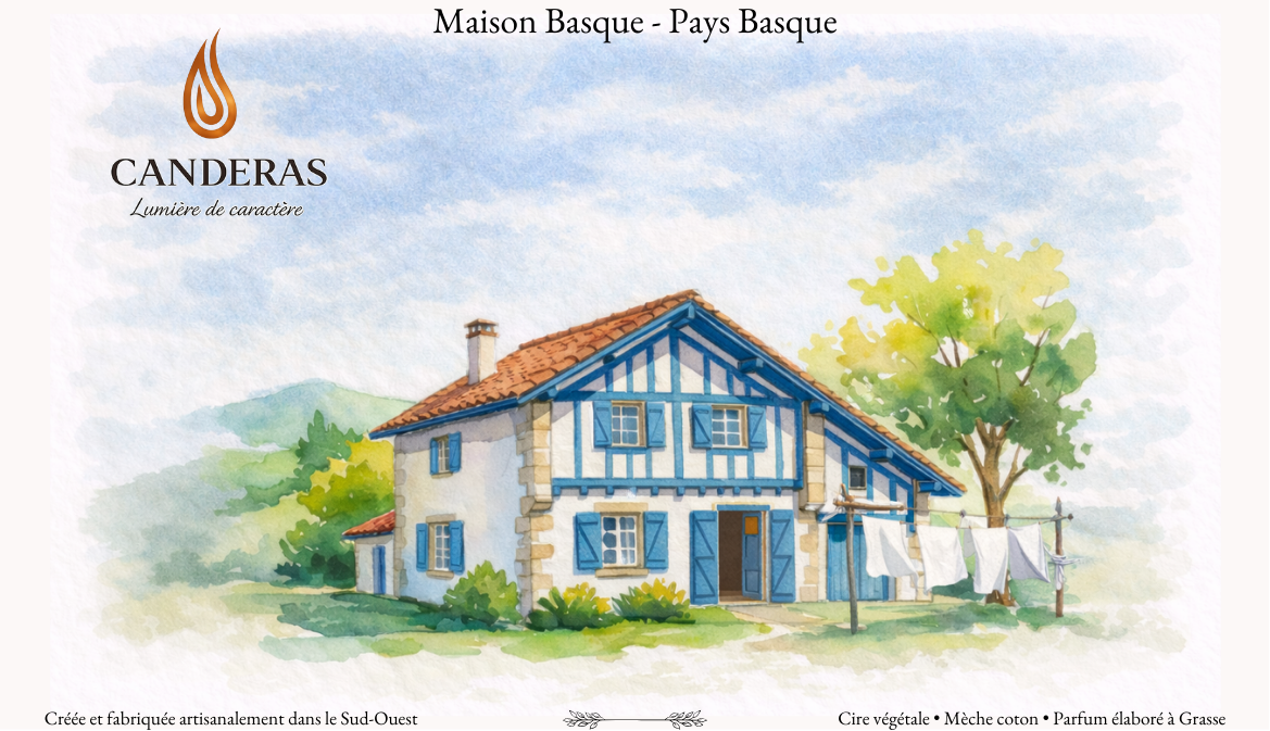 Illustration aquarelle Candèras « Maison Basque – Pays Basque » : une maison basque blanche à colombages bleus, toit en tuiles, collines en fond, logo Candèras en haut à gauche.