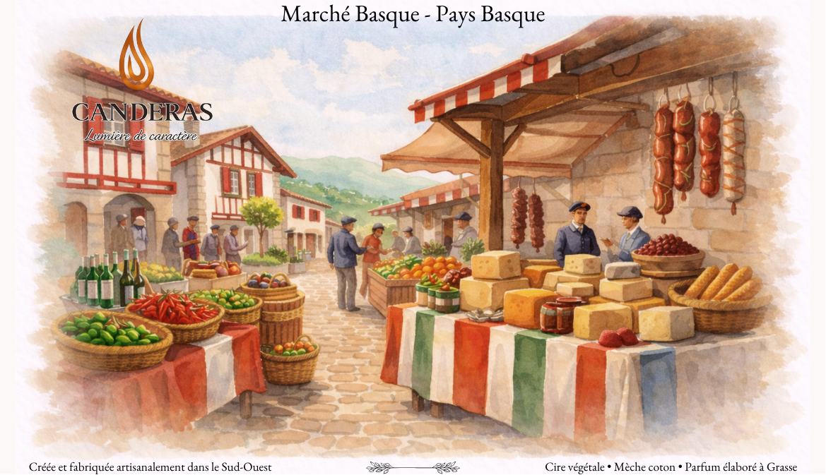 Carte postale aquarelle “Marché Basque – Pays Basque” montrant une place de village avec étals (fromages, piments, fruits), maisons basques et montagnes au loin, logo Candèras en haut à gauche.