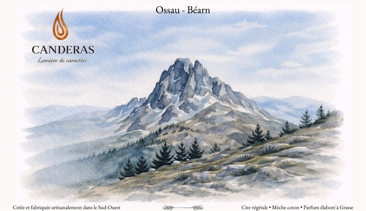 Illustration aquarelle “Ossau – Béarn” (Candèras) représentant le pic du midi d'Ossau et une ligne de sapins, avec logo Candèras et mentions en bas de visuel.