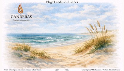 Étiquette recto Candèras « Plage Landaise – Landes » : illustration aquarelle d’un chemin dans les dunes vers l’océan, logo Candèras.