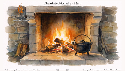 Cheminée Béarnaise – illustration aquarelle Candèras d’une cheminée en pierre avec feu de bois, Béarn.