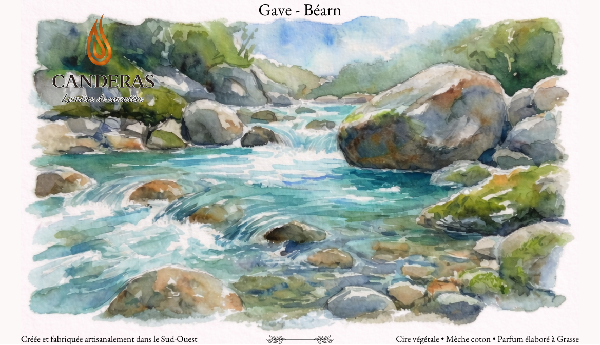 Recto de l’étiquette Candèras « Gave — Béarn » : illustration aquarelle d’un gave aux eaux turquoise et galets, avec le logo Candèras et les mentions « Cire végétale • Mèche coton • Parfum élaboré à Grasse ».