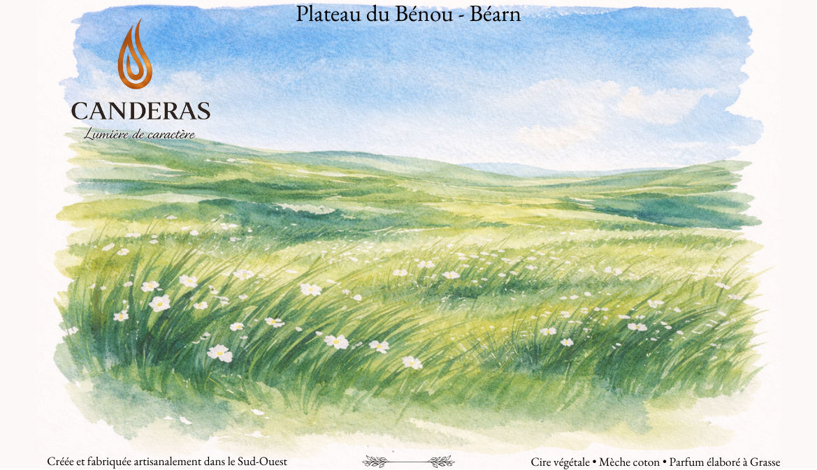 Illustration aquarelle « Plateau du Bénou – Béarn » (Candèras), paysage de prairie fleurie en vert et bleu.