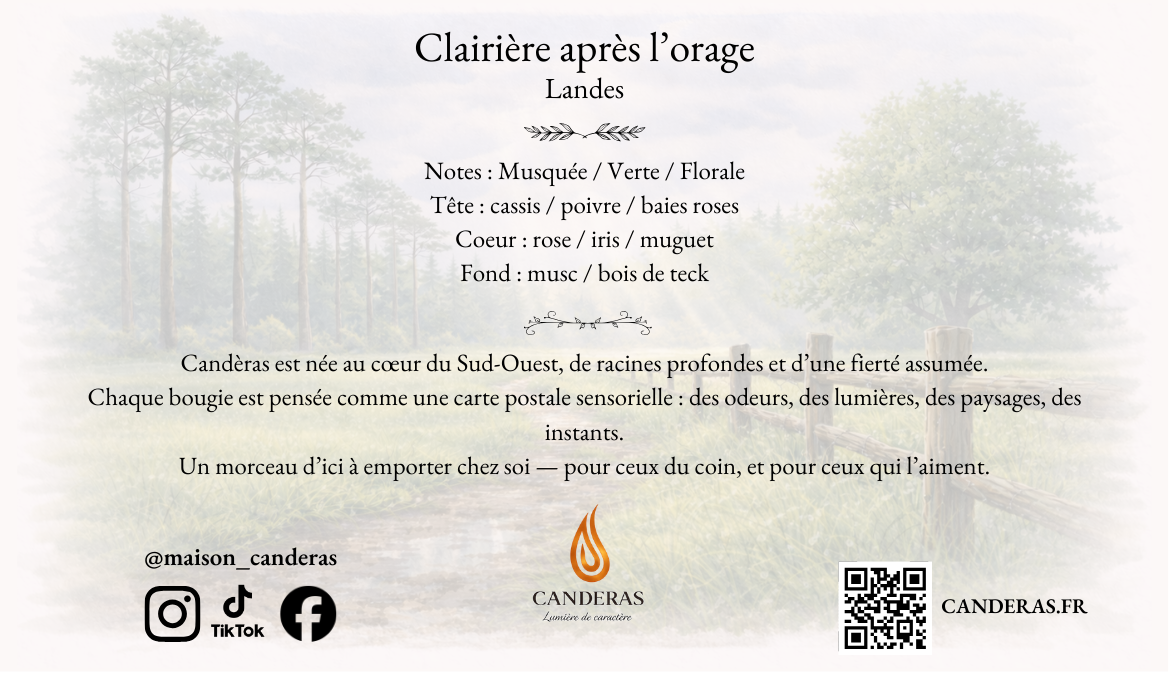 Visuel verso “Clairière après l’orage” sur fond aquarelle estompé : pyramide olfactive (notes musquées/vertes/florales), texte de marque Candèras, icônes réseaux sociaux, QR code et mention CANDERAS.FR.