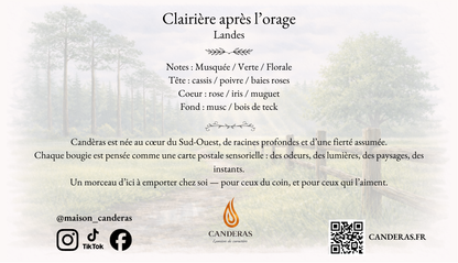Visuel verso “Clairière après l’orage” sur fond aquarelle estompé : pyramide olfactive (notes musquées/vertes/florales), texte de marque Candèras, icônes réseaux sociaux, QR code et mention CANDERAS.FR.