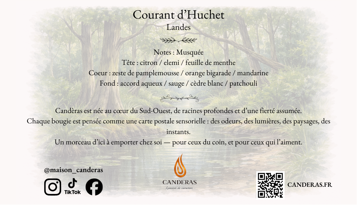 Verso de la carte Courant d’Huchet – pyramide olfactive, texte de marque Candèras et QR code