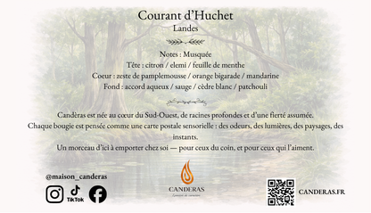 Verso de la carte Courant d’Huchet – pyramide olfactive, texte de marque Candèras et QR code