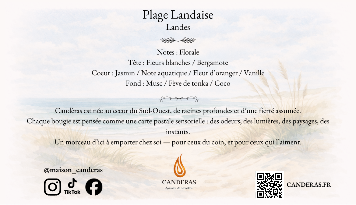 Étiquette verso Candèras « Plage Landaise – Landes » : pyramide olfactive (florale : fleurs blanches, bergamote, jasmin, note aquatique, fleur d’oranger, vanille ; fond musc, fève tonka, coco) et QR code.