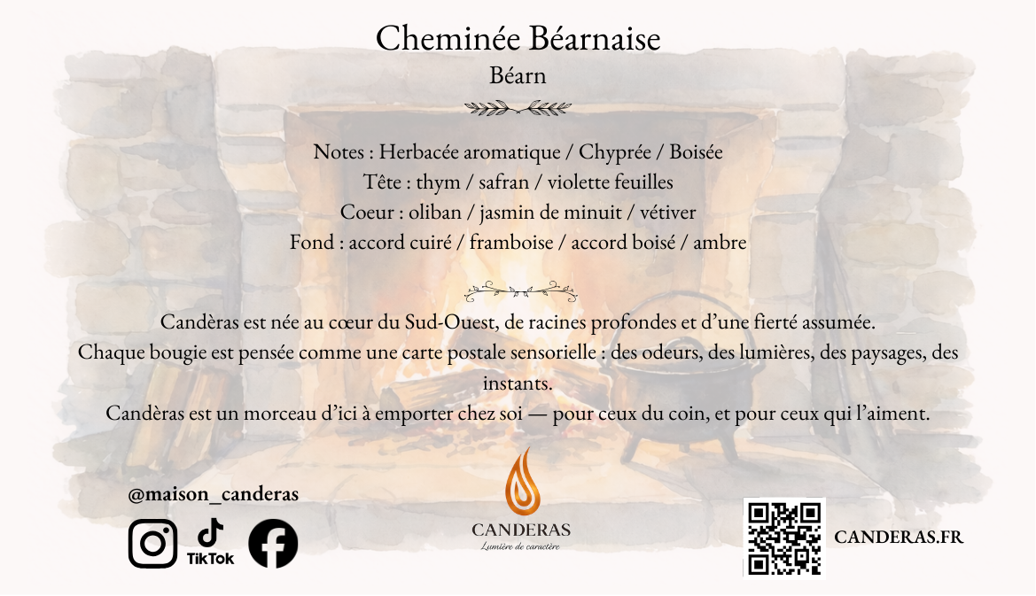 Cheminée Béarnaise – verso Candèras avec pyramide olfactive (notes herbacées, chyprées et boisées), Béarn, QR code et réseaux sociaux.